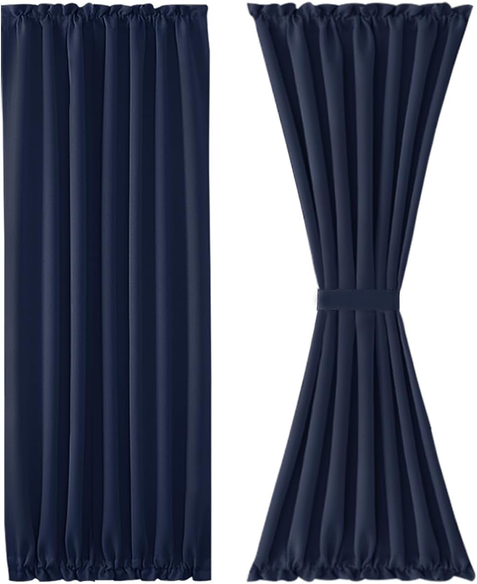 DWCN French Door Curtains Rod Pocket Thermal Blackout Curtain with Glass Window, Kitchen and Patio Door Privacy, 54 X 80 Inches Long, 1 Curtain Panel with Tieback, Navy Blue