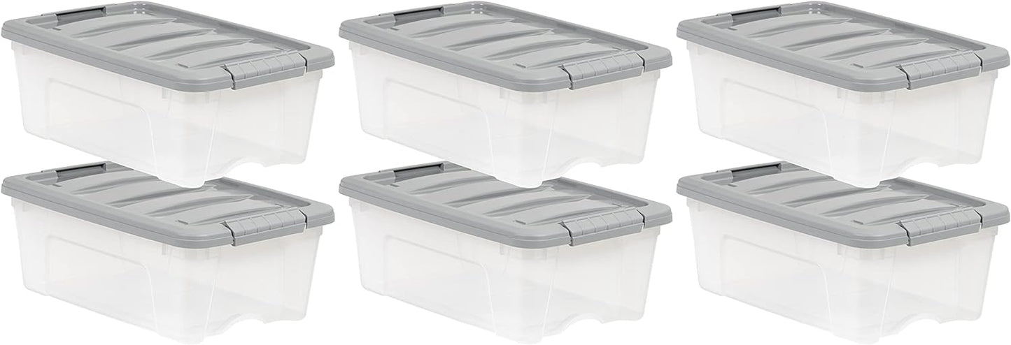 Amazon Basics Plastic Storage Containers with Secure Latching Lids, Stackable Organization Bins, Clear/Grey, 12 Quart, Set of 6