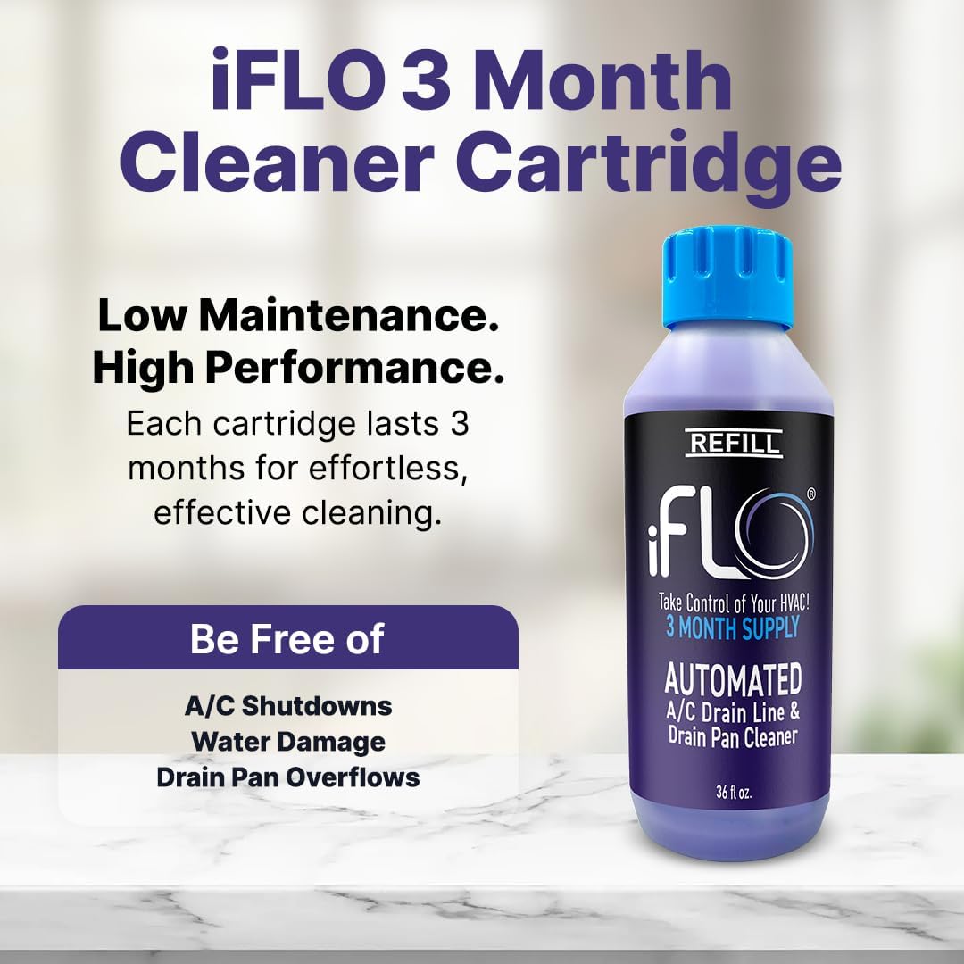 iFLO® Smart A/C Drain Line Cleaner and Drain Pan Cleaner Cartridge, Fast-Acting, Long-Lasting HVAC System Solution for Tough Clogs & Buildup, 3-Month Supply per Bottle, 2 Pack of 36oz