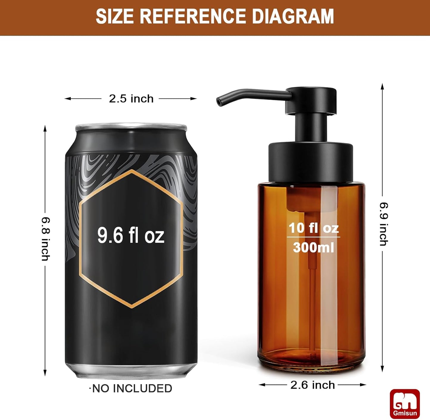 GMISUN Glass Foaming Soap Dispenser, 10 Fl oz / 300ml Amber Glass Soap Dispenser for Bathroom & Kitchen, 2 Pack Modern Refillable Foam Hand Soap Dispensers, Bathroom Hand Soap Dispensers with Labels