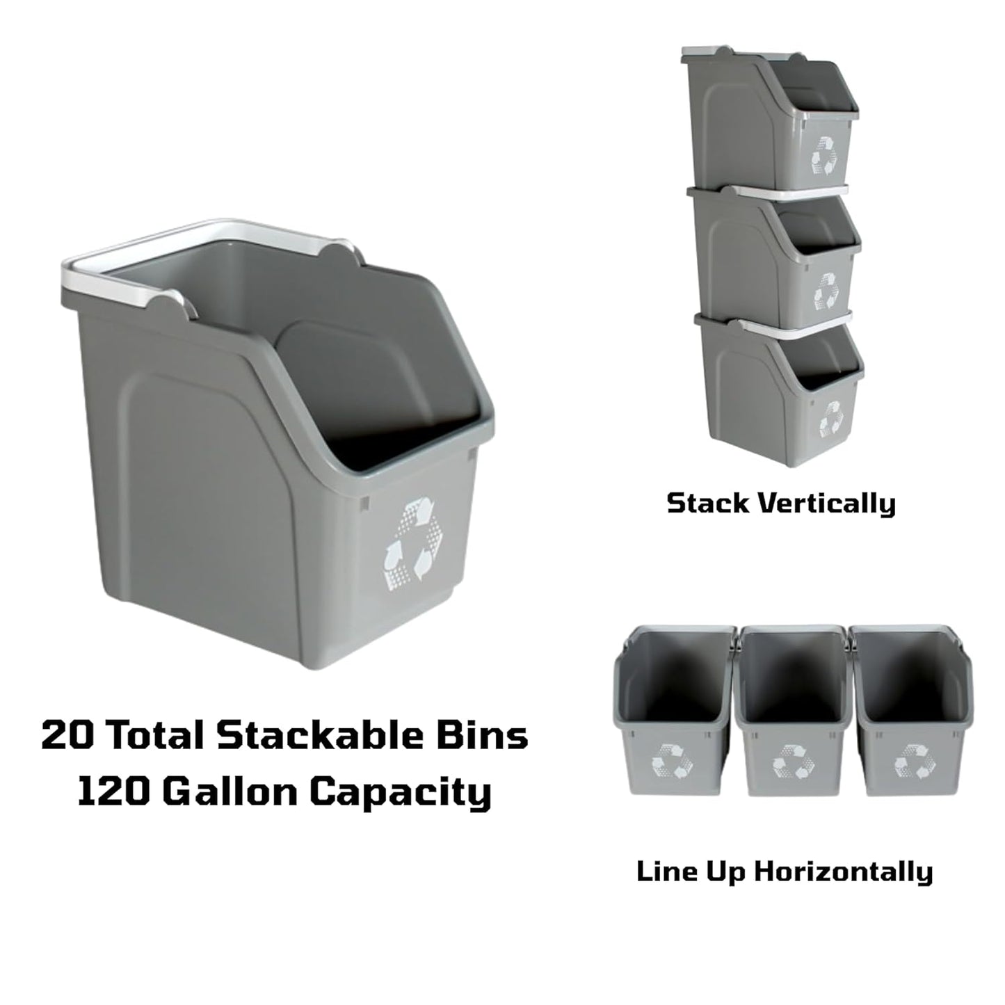 6 Gallon Stackable Recycling Bins for Homes, Garages, Offices Made of 100% Recycled Plastic - (Grey, 20 Pack)