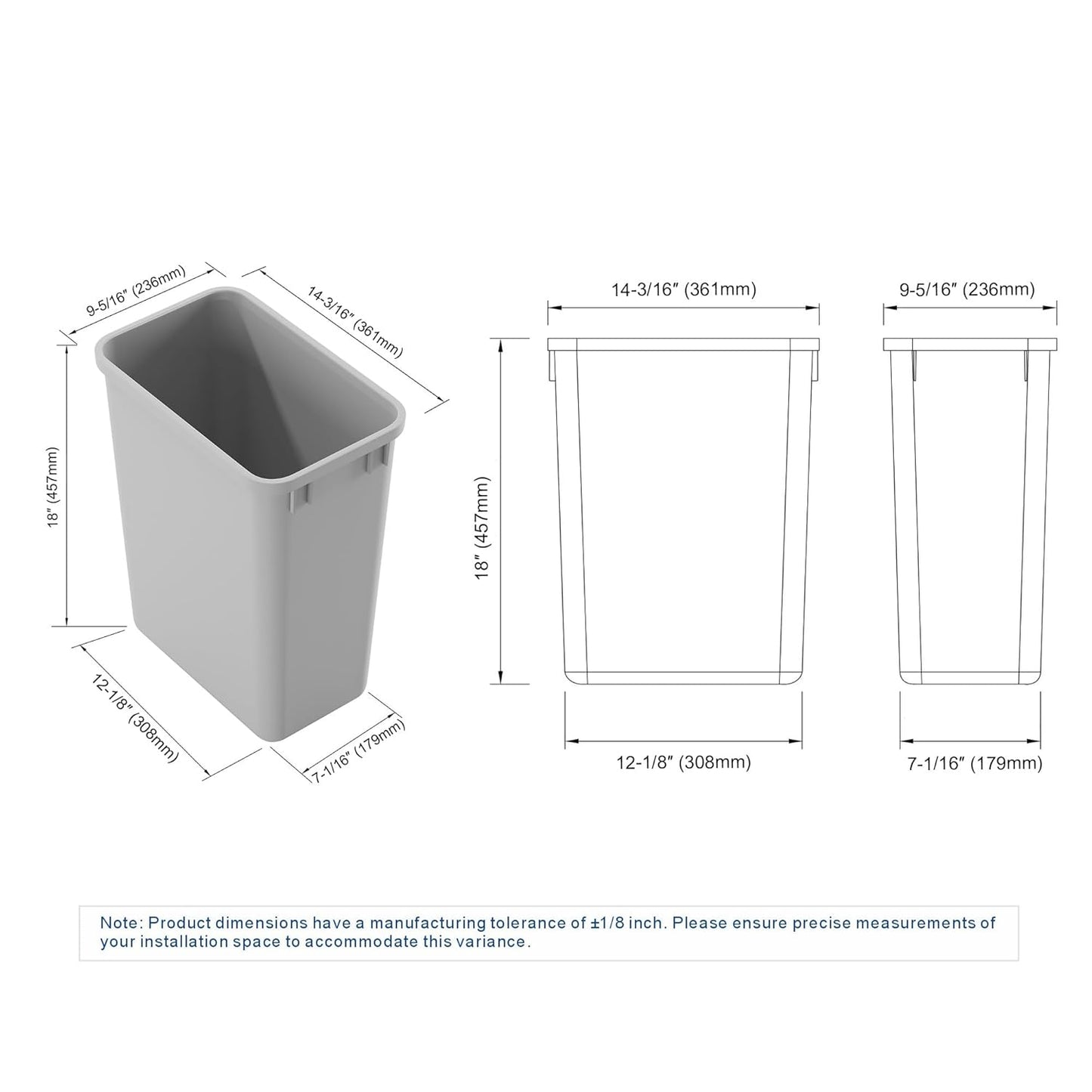 Dowell 35L Wastebasket Trash Container, 37Qt/9.2Gal, Plastic, Stackable, for Kitchen/Bathroom/Office, Fits Under Sink/Desk (Grey 4000 35 04)