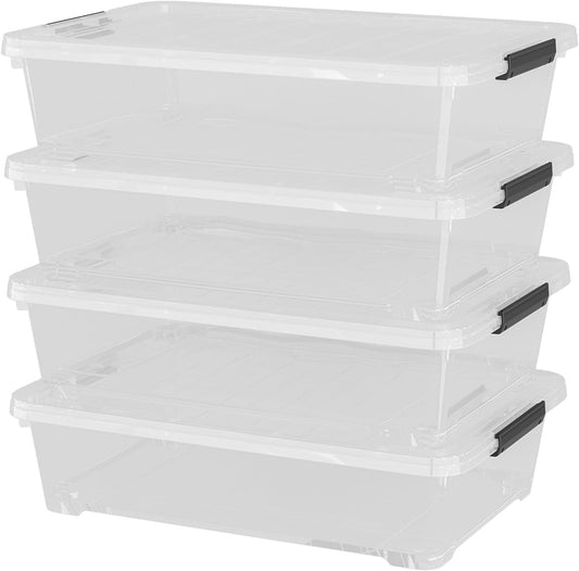 4Pack 40 Qt Plastic Under Bed Storage Organizer Bin Container with Secure Lids and Durable Wheels, Clear