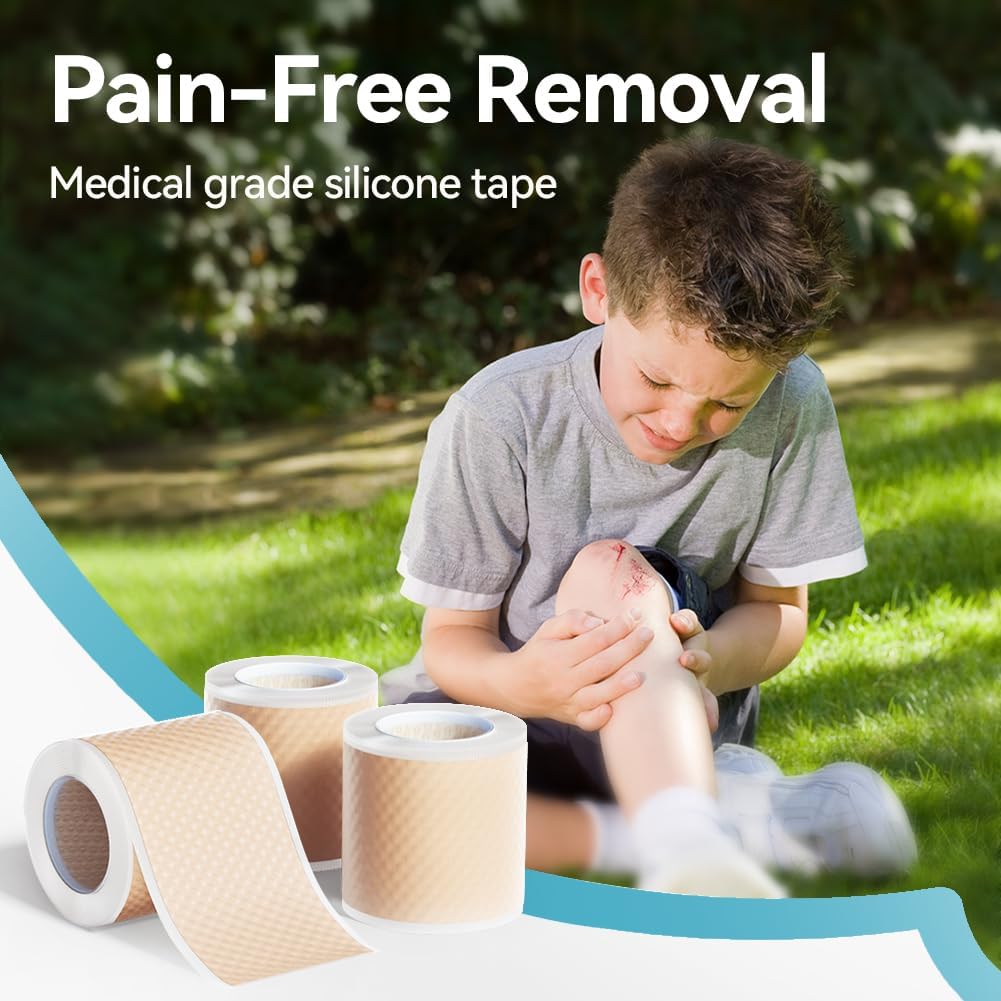 Dimora Silicone Tape 3 Rolls - Hypoallergenic Medical Tape for Sensitive Skin, Pain-Free Removal First Aid Tapes with Easy Tear Precut, Waterproof Surgical Tape,1.6in x 177in