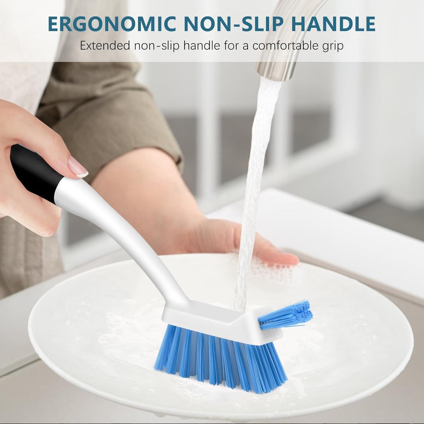 SetSail Dish Brush Set of 3 with Bottle Brush, Dish Scrub Brush with Long Handle Deep Cleaning Handle Brush with Scraper Tip for Kitchen Sink Dishes Bottle Cup Pot and Pans Tile Lines, Black Blue