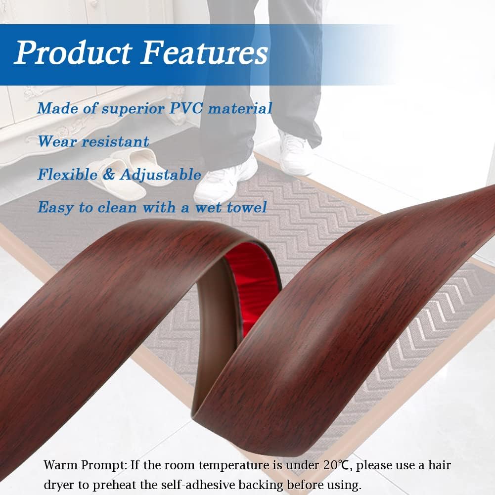 Floor Transition Strip Self Adhesive Carpet & Flooring Transitions Edging Trim Strip PVC Threshold Transitions Suitable for Threshold Height Less Than 5mm (10Ft, Wood Grain Coffee)