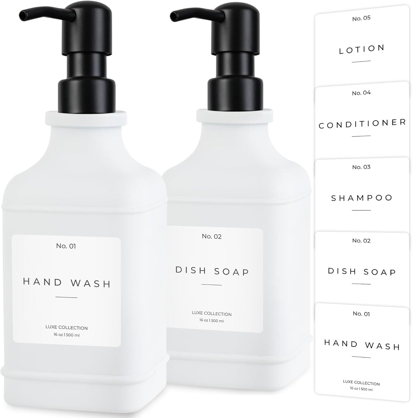 Emerson Essentials Glass Soap Dispenser Set – 16 oz 2-Pack – Refillable Dish & Hand Soap Dispensers for Kitchen or Bathroom – Stainless Steel Pump & Waterproof Labels Included