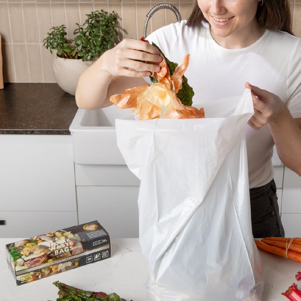 BOS Odor-Sealing Kitchen, Home & Food Small Trash Bags for Waste- Disposable Bags - Scent & Smell Free (50 Bags) [Size XL, Color White]