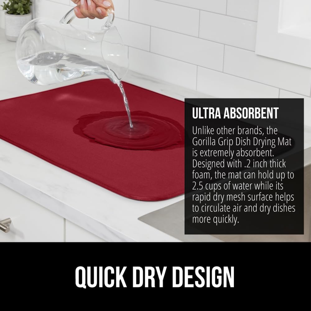 GORILLA GRIP Ultra Water Absorbent Microfiber Dish Drying Mat, 18x32, Quick Dry Thick Mesh, Slip Resistant Pad for Sink Dishes or Under Rack, Kitchen Counter Accessories, Machine Wash Mats, Red