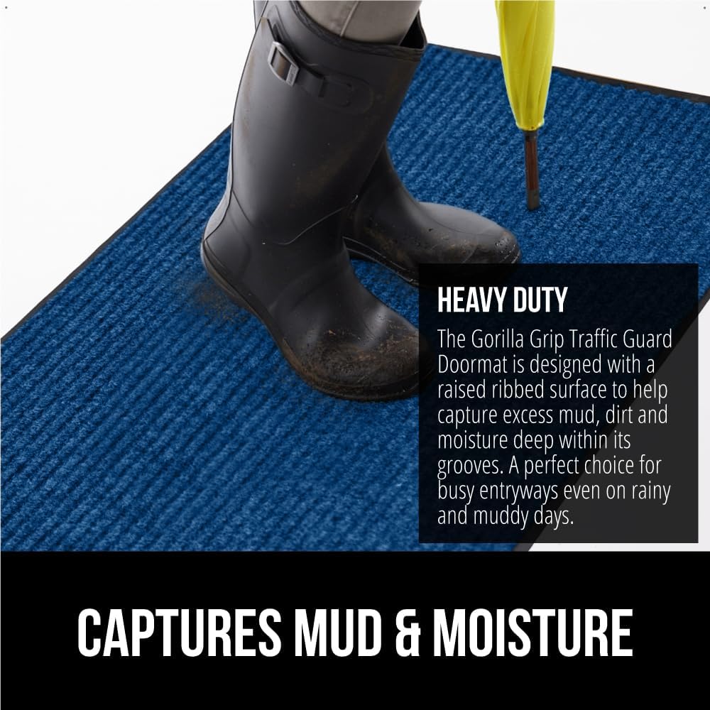 GORILLA GRIP Traffic Guard Door Mat, 70x24, Heavy Duty Welcome Mats, Commercial Office Space Doormat, Waterproof, Fade Resistant, Strong Rubber Backing, Low Profile, Shoe and Boot Scraper, Blue