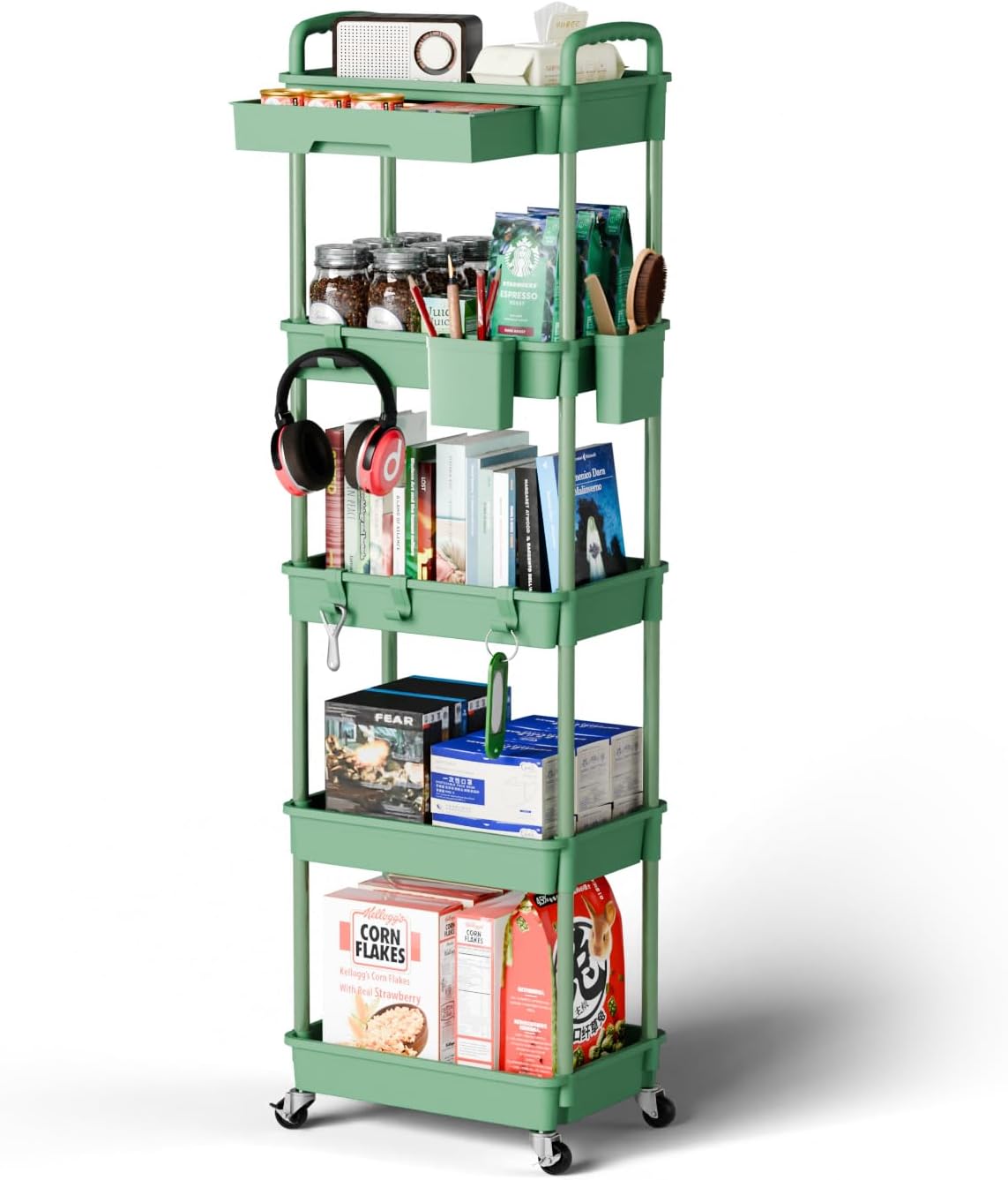 5 Tier Rolling Cart Organizer,Bathroom Cart Organizers with Wheels Laundry Room Organization Mobile Shelving Unit Utility Cart Storage Shelves Multi-Functional for Office, Home(Green)