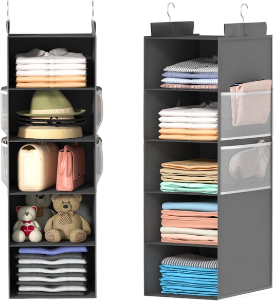 Deep Hanging Closet Organizers and Storage, Closet Hanging Storage Shelves with 5 Shelves and 4 Mesh Pockets, Heavy-Duty Closet Organizer for Clothes, Hats, and RVs and Dorm Essential,1-Pack, Grey