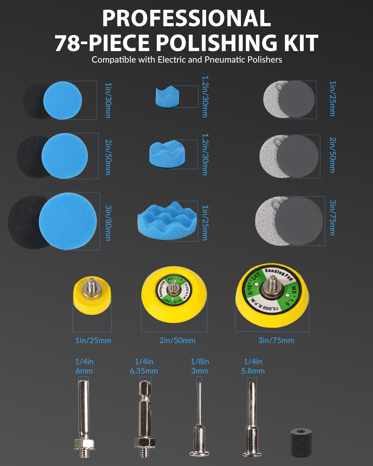 78PCS Drill Polishing Buffing Pads Kit with Buffer Polisher Attachment, 1/2/3 Inch Car Polishing Detailing Wheels for Dremel Air Mini Polisher Sander, Headlights Restoration Pad for Waxing Cleaning