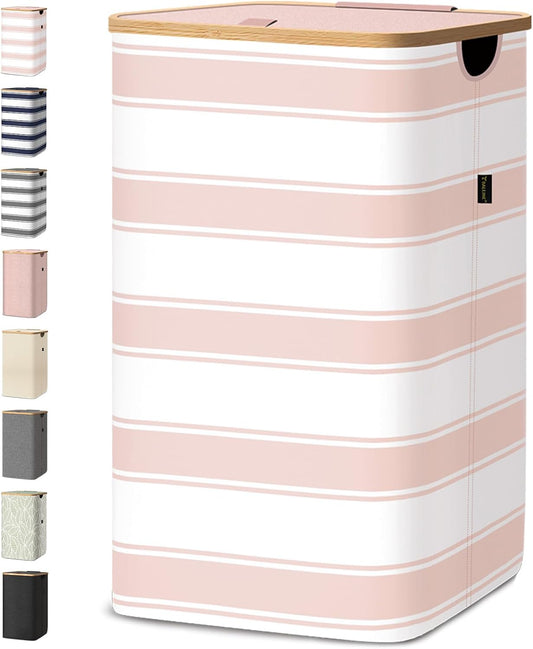 BALEINE Laundry Hamper with Lid, Tall Laundry Baskets with Bamboo Pull Handles, Large Laundry Bin with Internal Support (18 Gal/70L, Pink Stripe)