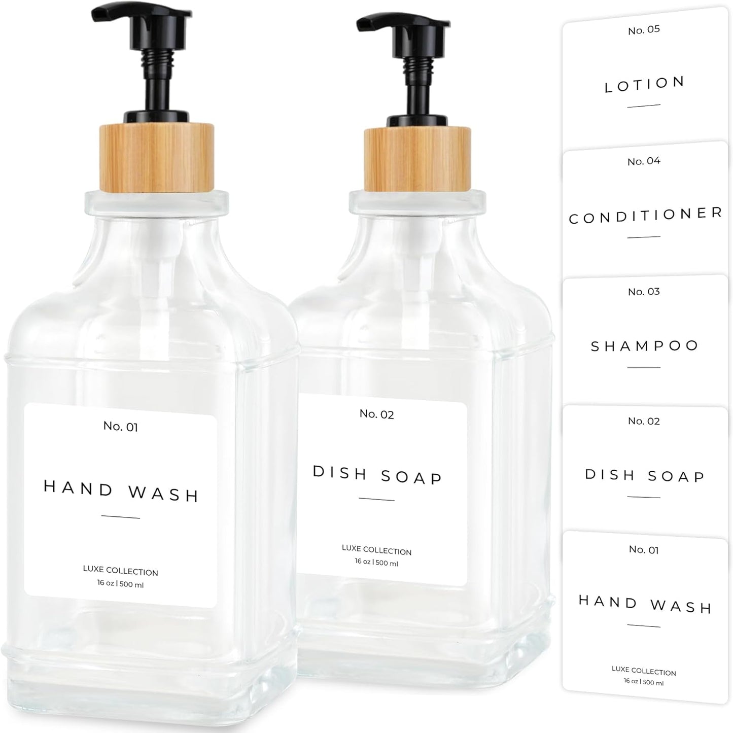 Emerson Essentials Soap Dispenser, Dish Soap Dispenser, Soap Bottle Bathroom Set, Farmhouse, Kitchen Soap Dispenser Set Stainless Steel - Glass Soap Dispenser with Pump and Labels, 16 Oz, 2 Pack