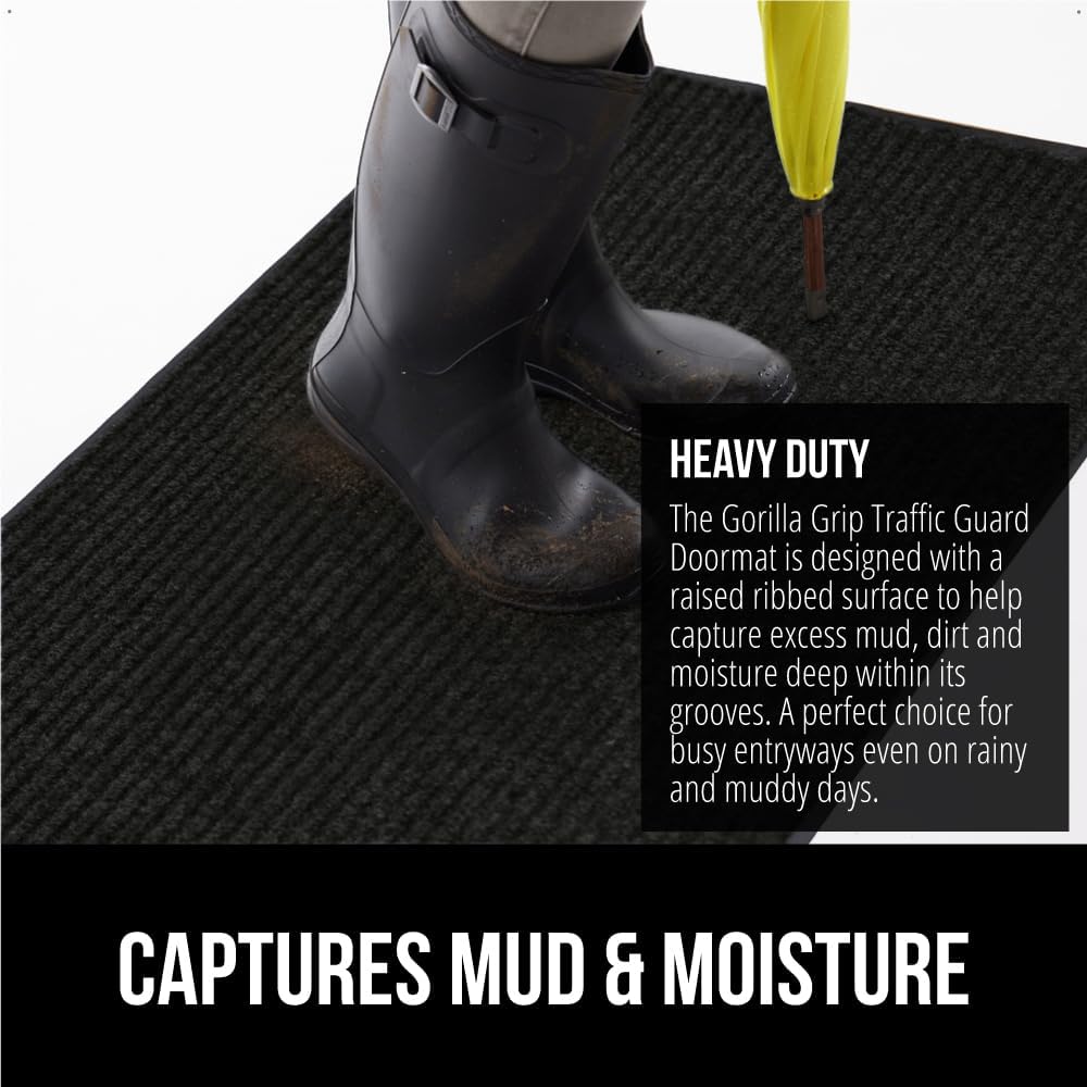 GORILLA GRIP Traffic Guard Door Mat, 59x24, Heavy Duty Welcome Mats, Commercial Office Space Doormat, Waterproof, Fade Resistant, Strong Rubber Backing, Low Profile, Shoe and Boot Scraper, Jet Black