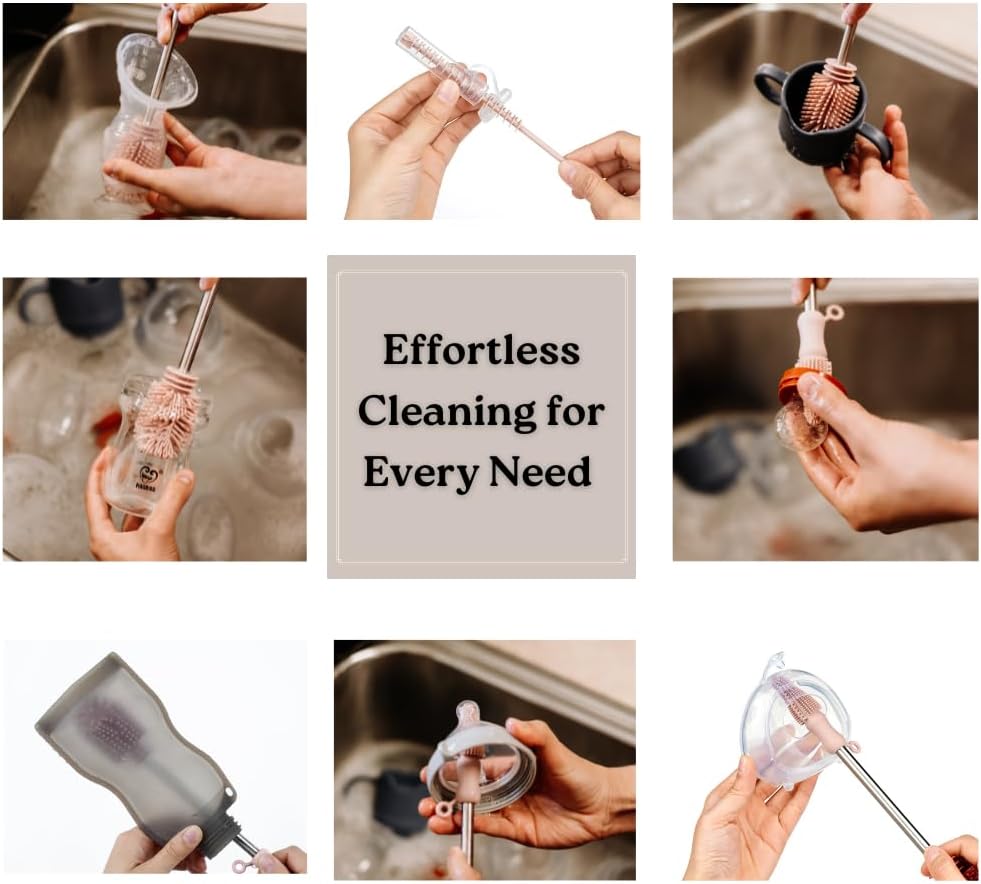 Haakaa Silicone Cleaning Brush Kit – Household Cleaning Brushes for Bottles and Crevices – Food-Grade Silicone: Dishwasher Safe (Brush-Grey)