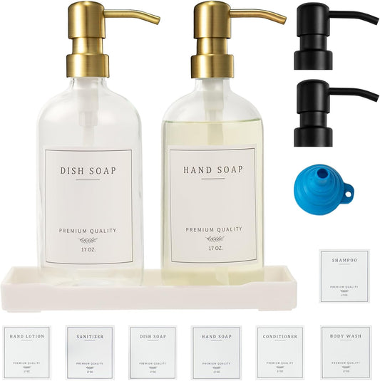 Glass Soap Dispenser for Kitchen Sink,Farmhouse Dish Soap Dispenser&Hand Soap Dispenser Set,Rustproof Pump Lotion Dispenser Bathroom with Tray,Waterproof Label for Kitchen Decor(Clear