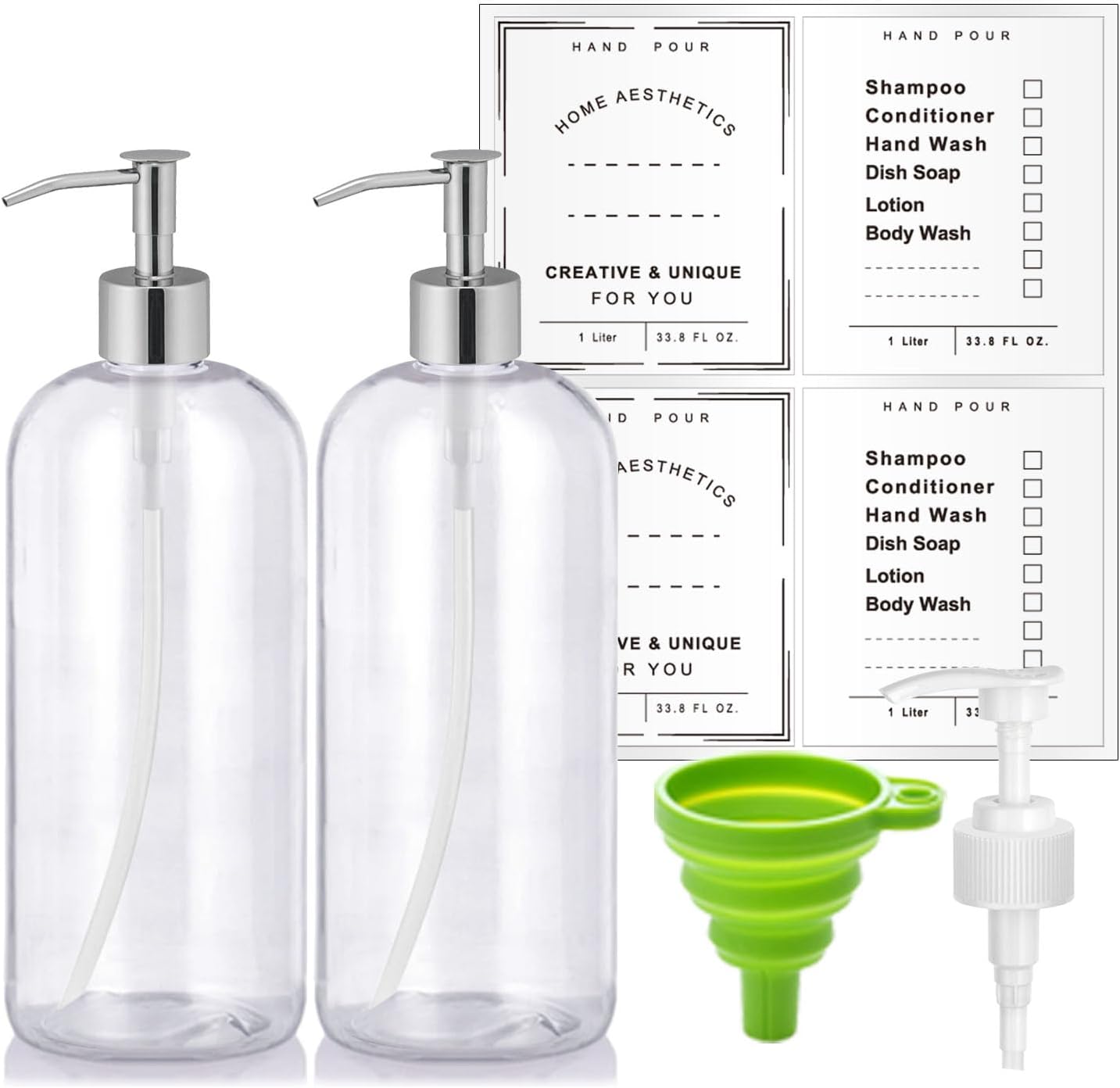Refillable 32oz Dispenser Plastic Bottle 2pack with Steel Pumps, 1 Liter Crystal Clear Multi-Use Empty Container with Funnel for Shampoo, Conditioner, Body Wash, Liquid Hand Soap, Lotion