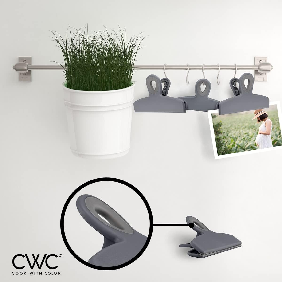 COOK WITH COLOR Bag Clips - Heavy Duty Chip Clip and Refrigerator Magnet Clips for Food Storage with Air Tight Seal Grip, Grey, Pack of 4 Large Clips