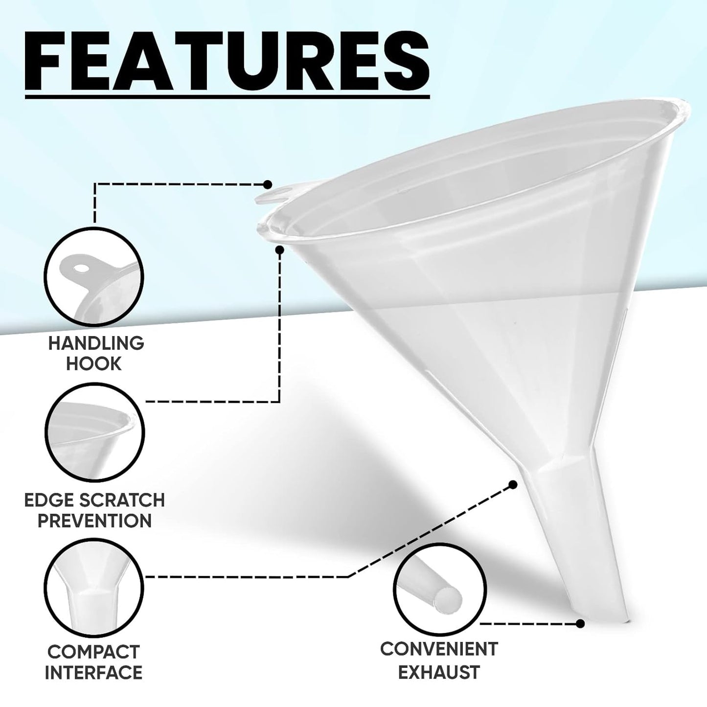 Funnel Set (4 Sizes: 122, 101, 76, 50mm) - Durable, Non-Toxic, Food-Grade Plastic funnels for Filling Bottles and containers. Ideal for Kitchen, Garage, or Labs. Perfect for Precise Pouring.