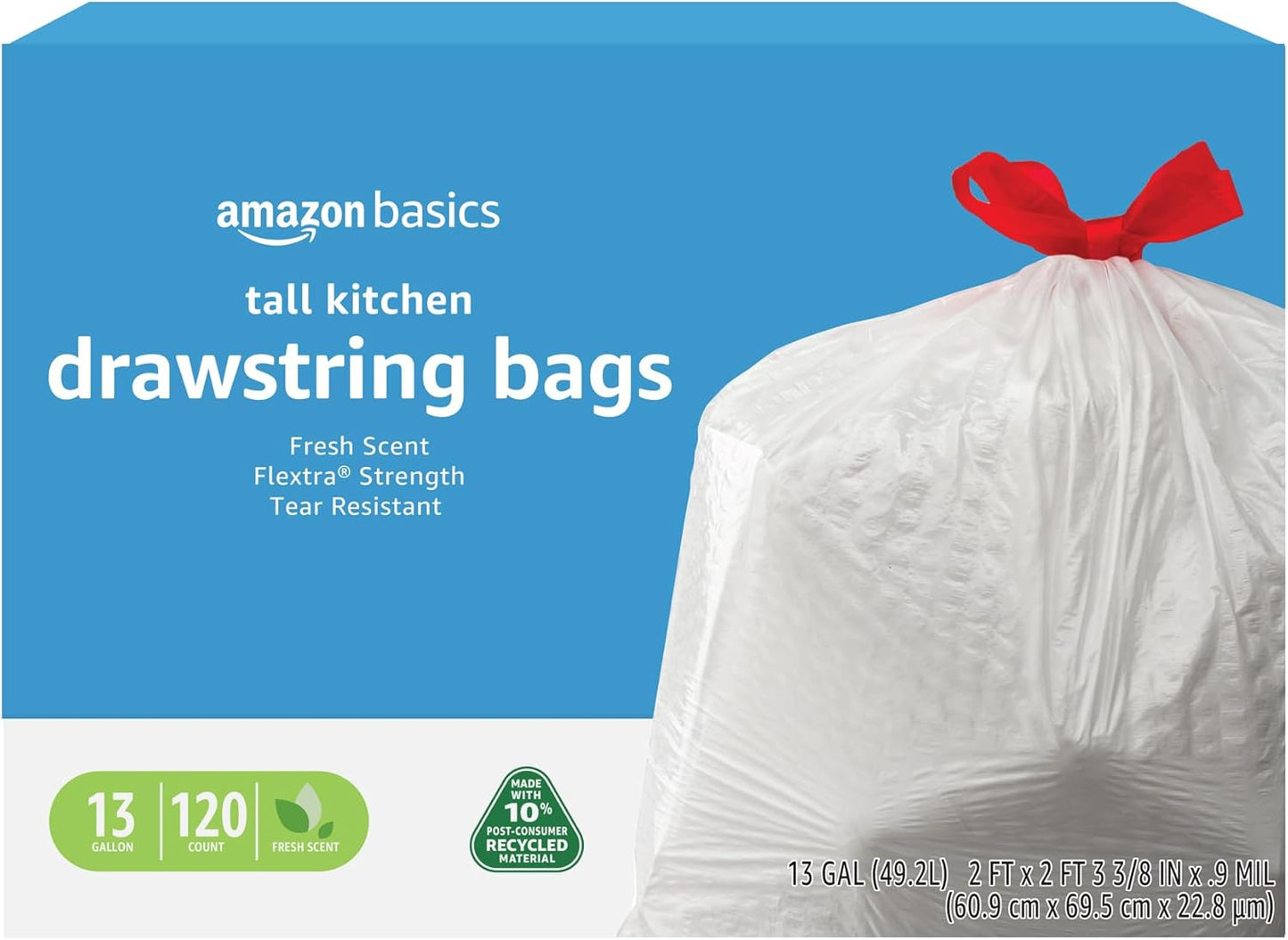 Amazon Basics 13 Gallon Flextra Strength Tall Kitchen Drawstring Trash Bags, Clean Fresh Scnet, Tear Resistant, 10% Post Consumer Recycled, 120 Count
