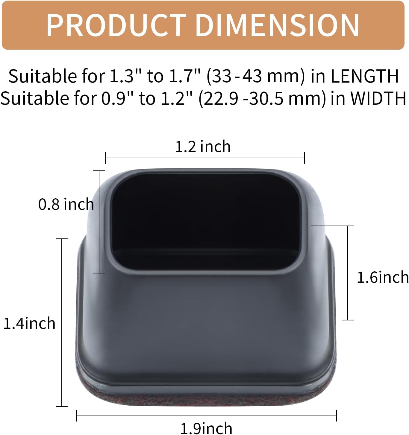 Ezprotekt 16 Pcs Rectangle Silicone Chair Leg Floor Protectors, Felt Rectangle Black Furniture Leg Cap Covers for Chair Table Desk - Anti- Scratches (Fit L :1.3-1.7", W: 0.9-1.2")