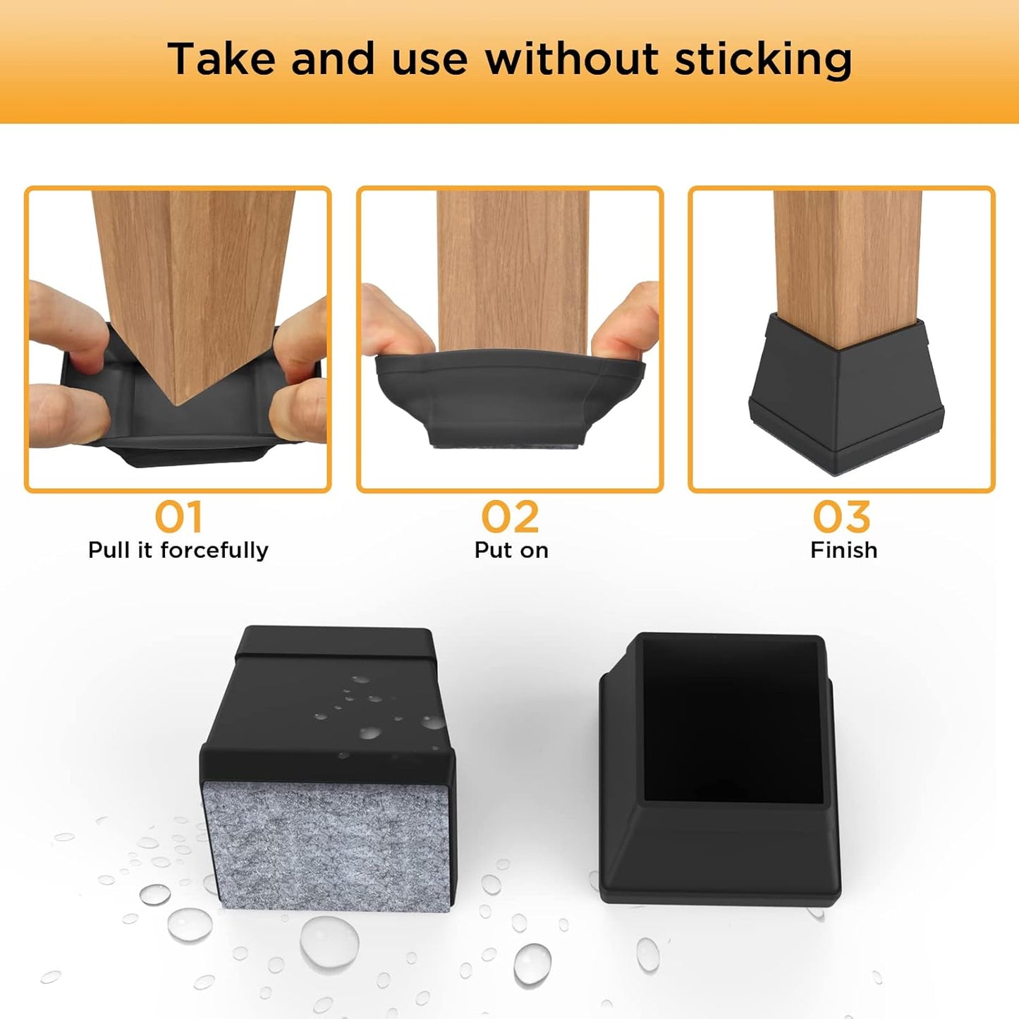 16 PCS Square Chair Leg Floor Protector, Silicone Chair Leg Cover, Furniture Leg Protectors with Felt, Mobile Table Leg Pad, Protect The Floor from Scratches.2 in Black.