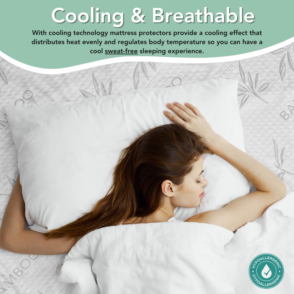 Bamboo Rayon Mattress Protector with Zipper + 2 Pillow Protectors - 100% Waterproof Cooling Cal King Size Cover - Ultra Soft Fabric Breathable Noiseless Mattress Pad Covers Zippered Encasement