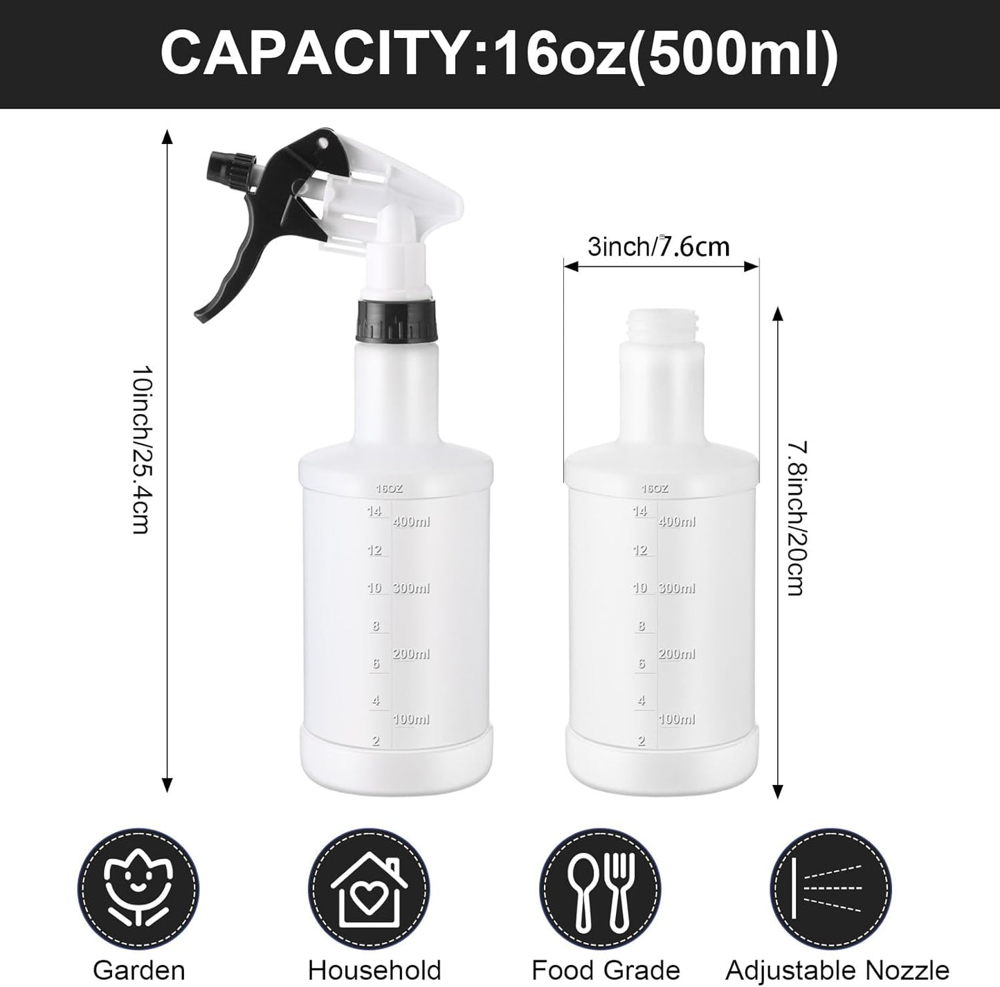 Eccliy 12 Pcs 16 Oz Plastic Spray Bottle, Adjustable Empty Reusable Sprayer for Cleaning, Planting, Water, Bathroom and Kitchen, BBQ, Commercial and Residential (Black,Measurement)