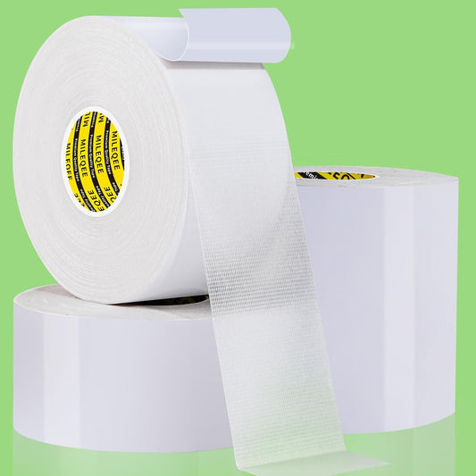 4Pack Double Sided Tape Heavy Duty, 2in x 66FT, Universal High Tack Strong Wall Adhesive with Fiberglass Mesh, Super Sticky Resistante Clear Tape, Easy Use Mounting Tape White