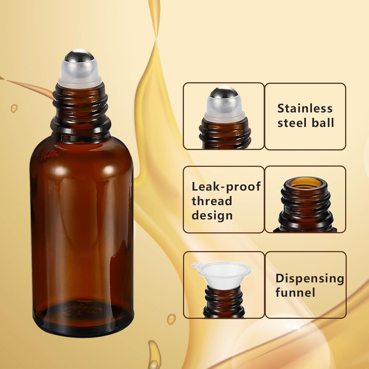100ML Roller Bottles for Essential Oil, 3 Pack Empty Amber Glass Roller Bottle for Perfume Oil, Roll on Bottles with Stainless Steel Roller Balls, Opener, Funnel and Dropper