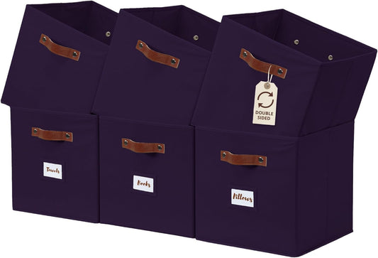 DECOMOMO Storage Bins, Cube Storage Bin with Labels, Fabric Storage Cubes for Shelves (10.5" x 11" / 6pcs, Deep Purple)