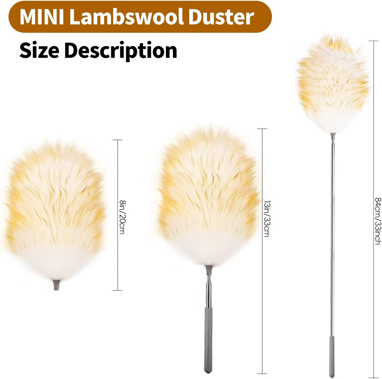 Mini Feathers Duster,Telescoping Lambswool Dusters with Stainless Steel Extension Pole Up to 34" for Cleaning High Ceiling Fan, High Ceilings,Furniture,Hard to Reach Areas