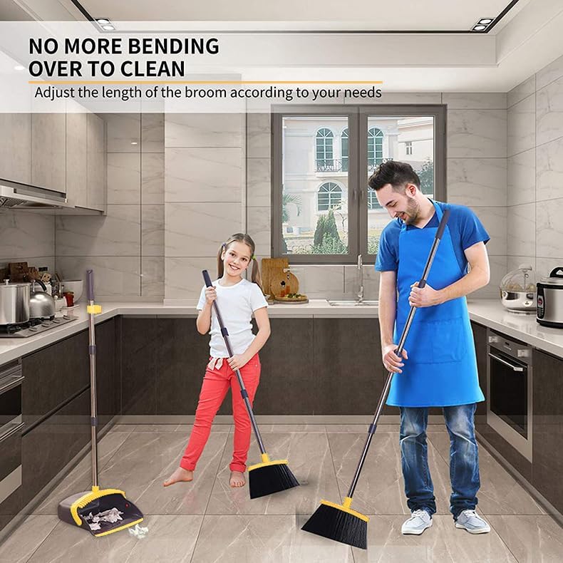2-Pack is More economical，Upgraded Broom and Dustpan， with 52" Long Handle, Dustpan Teeth with self-Cleaning Function, Indoor and Outdoor Sweeping, Perfect for Home Office