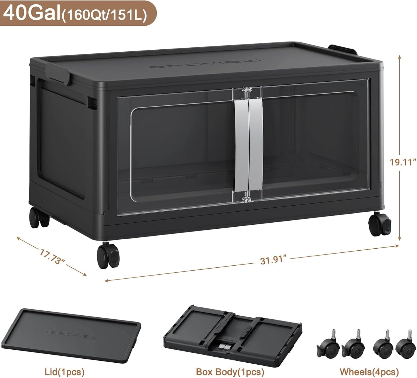BROVIEW 160QT Stackable Storage Bins with Lids, 40Gal Extra Large Collapsible Storage Box with Wheel, Plastic Storages with Clear Door Open Front for Home Kitchen Garage, Black-1pack
