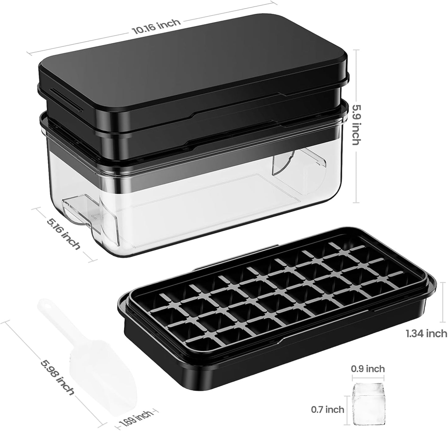 Ice Cube Tray with Lid and Bin, PHINOX 64 pcs Ice Trays for Freezer, Ice Cube Trays for Freezer with 2 trays, Container, Lid & Ice Scoop, BPA Free, Black