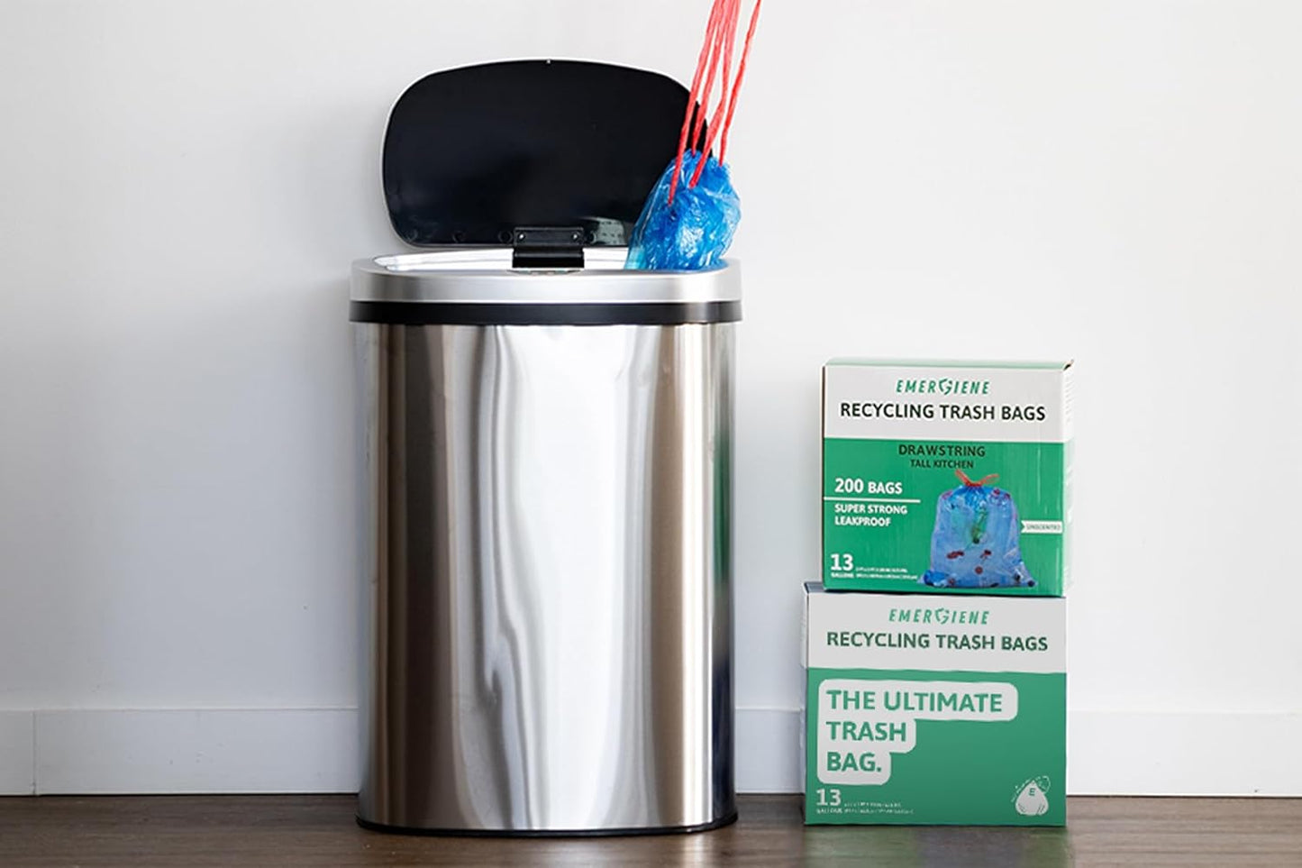 13 Gallon Recycling Trash Bags, 200 Count Drawstring Tall Kitchen Garbage Bags, Pre-Separated, Unscented, Ultra Strong, Leakproof, Sturdy, Translucent Blue