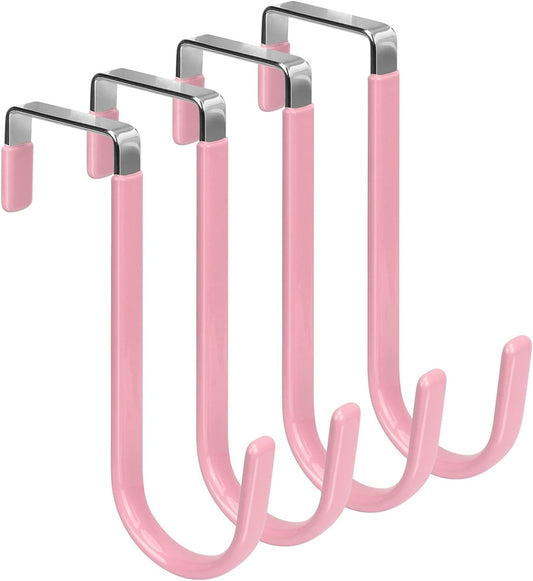 FYY Over The Door Hooks, 4 Pack Door Hangers Hooks with Rubber Prevent Scratches Heavy Duty Organizer Hooks for Living Room, Bathroom, Bedroom Hanging Clothes, Towels, Hats, Coats, Bags Pink