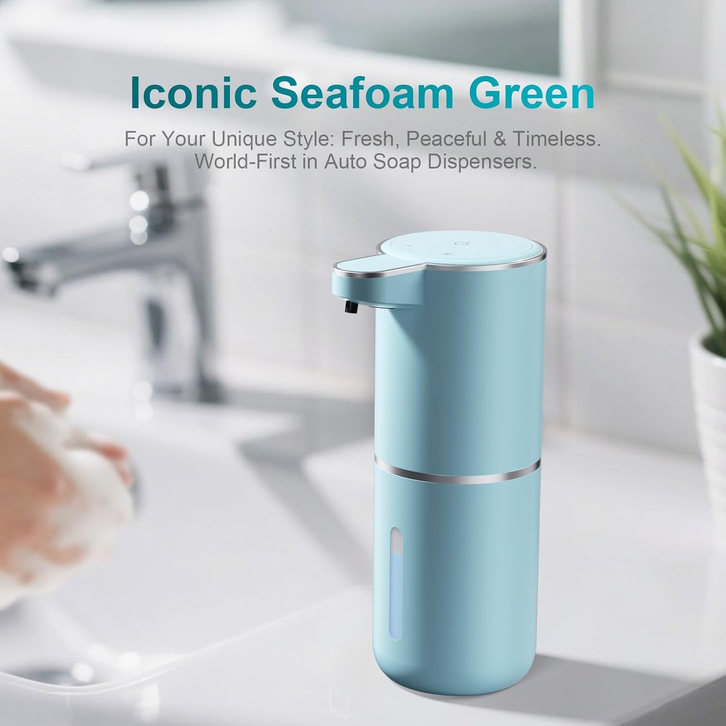 Seafoam Automatic Foaming Soap Dispenser - Touchless Hand Sensor, 4 Foam Settings, USB-C 1200mAh Large Capacity Rechargeable, Modern Design for Bathroom & Kitchen