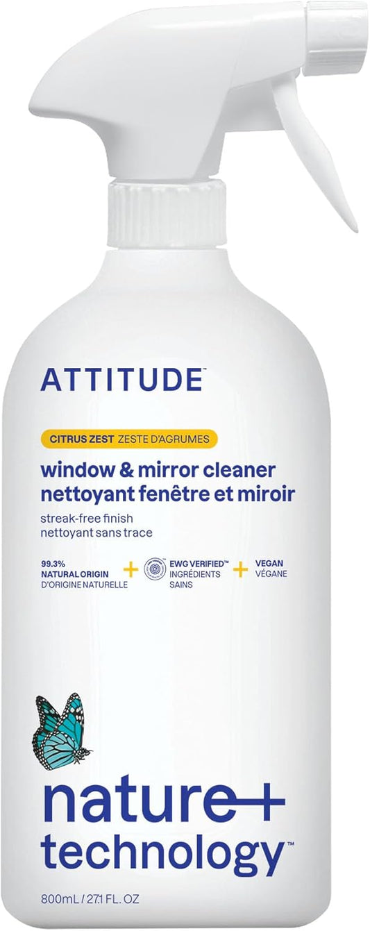 ATTITUDE Window & Mirror Cleaner, EWG Verified, Plant- & Mineral-Based, Vegan & Streak-Free Glass Spray, Citrus Zest Scent, 27.1 Fl Oz