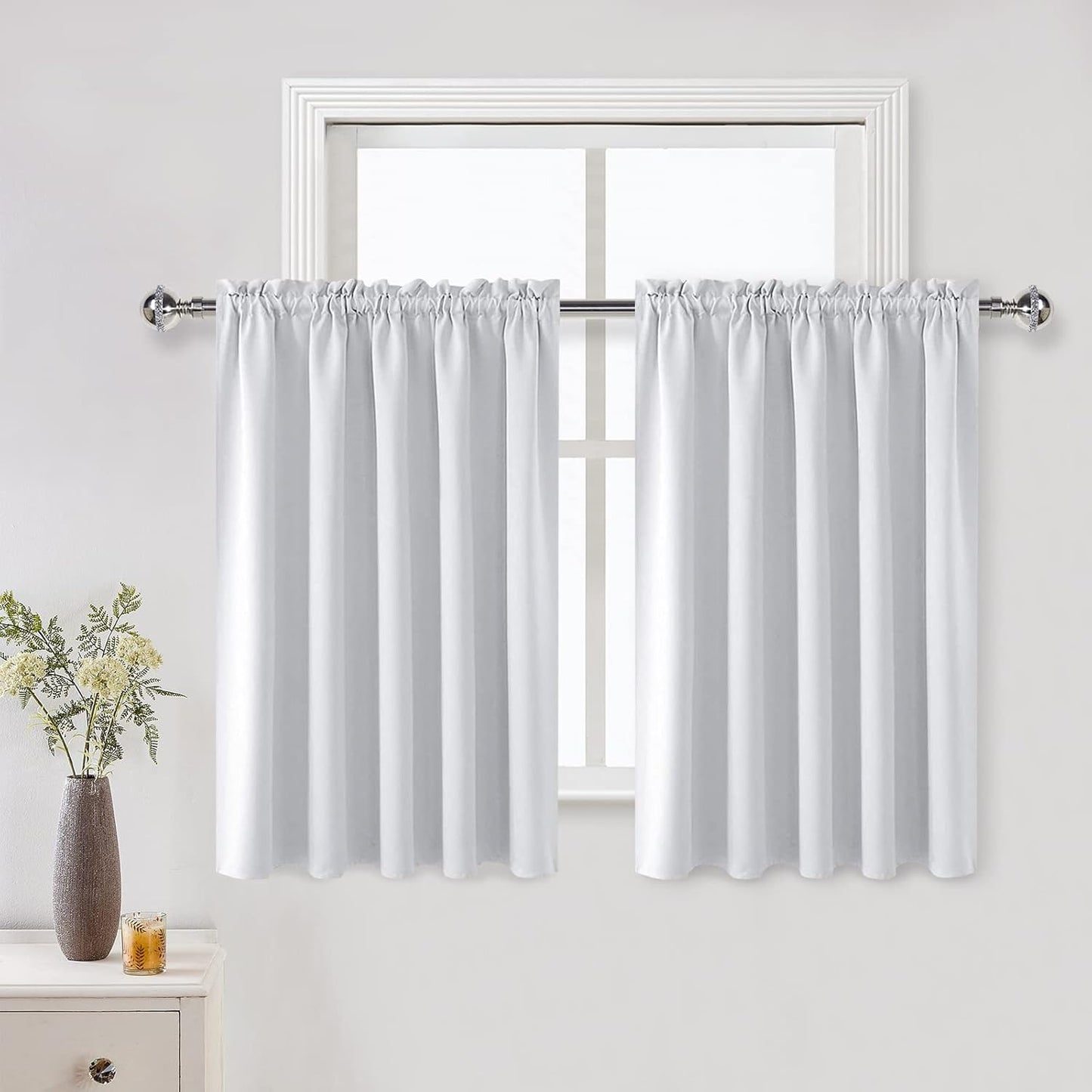 DWCN White Room Darkening Curtains for Kitchen/Bedroom, 60 x 36 inches Long - Energy Saving Window Drapes for Nursery with Rod Pocket, Set of 2 Panels