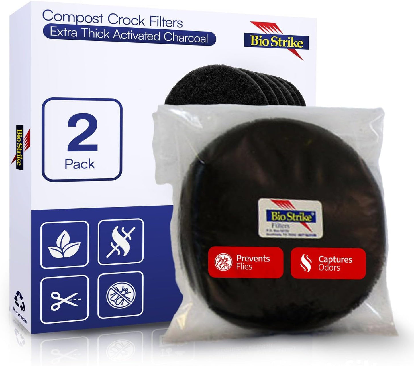 BioStrke -Activated Carbon Filter Odor Absorbers for Kitchen Compost Bins - Extra Thick 5.5 inch Compost Bucket Charcoal Filters - Odor Control for Countertop Pails - Made in USA (2 Count)
