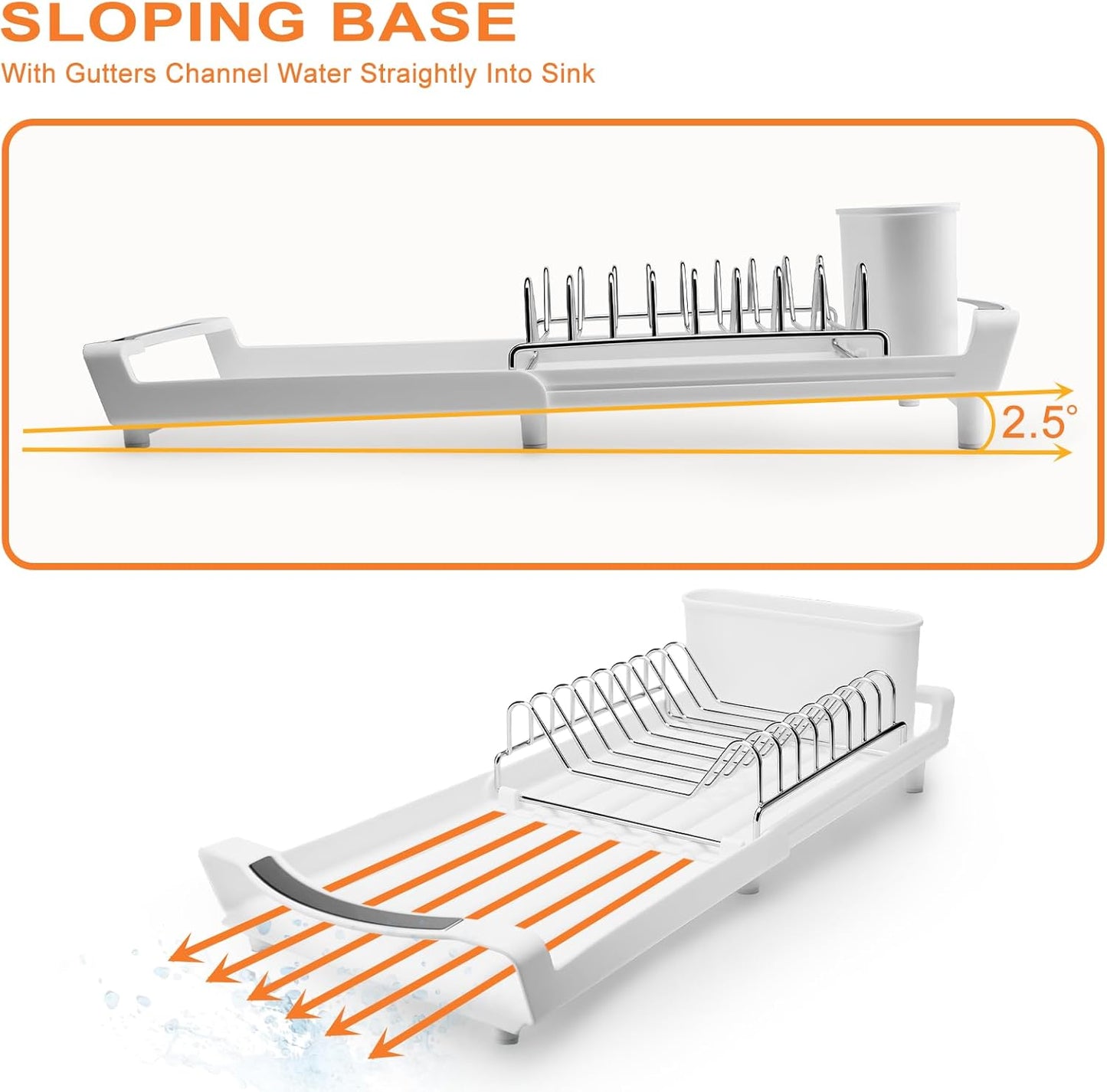 Dish Drying Rack Compact Expandable - A Space-Saving, Stainless Steel, Rust-Resistant Dish Drainer for Kitchen and Apartment Countertops/Sink Cabinets, Extendable from 11.42 to 19.9 inches (White)