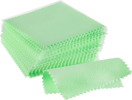 CATIFLIN 100pcs Jewelry Cleaning Cloth, Silver Polishing Cloth Individually Wrapped, Small Jewelry Polishing Cloth for Sterling Silver, Gold, Platinum and More (Green, 3.15" x 3.15")