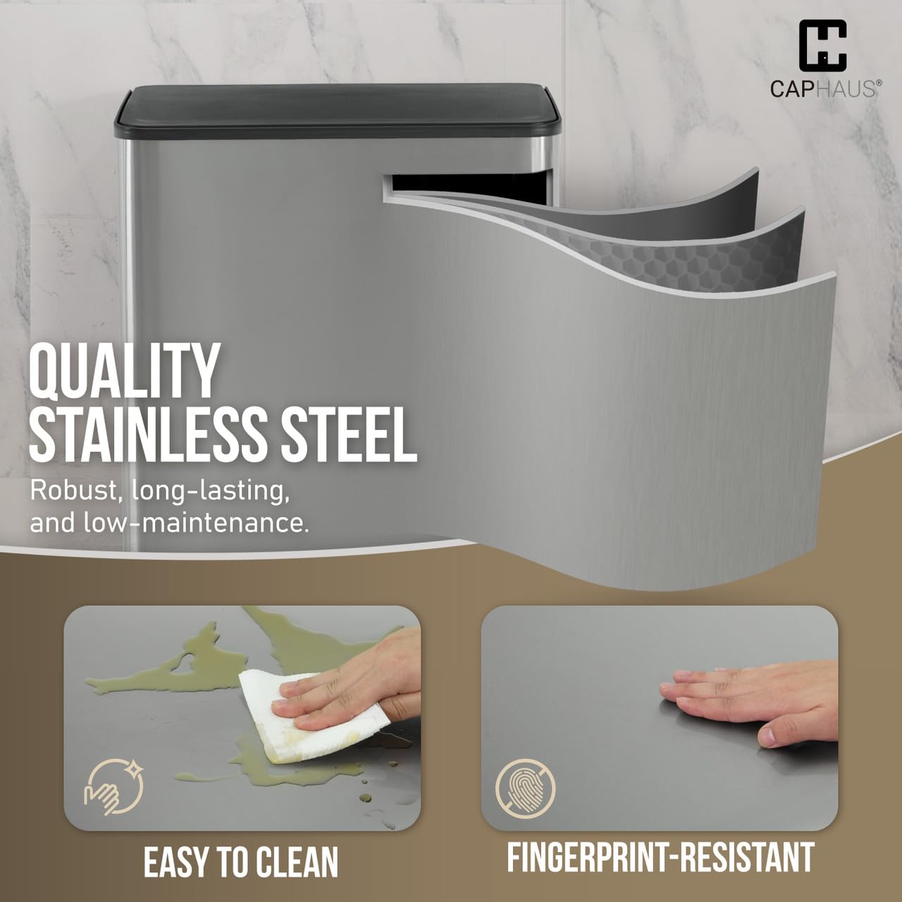 CAPHAUS Dual Trash Can with Lid, Trash and Recycling Bins Combo for Kitchen, Hands-Free Stainless-Steel Garbage Can with 2 Compartment, Hinged Lid, Odor Filter, Handles, 30L+30L, 2 x 8 Gallon