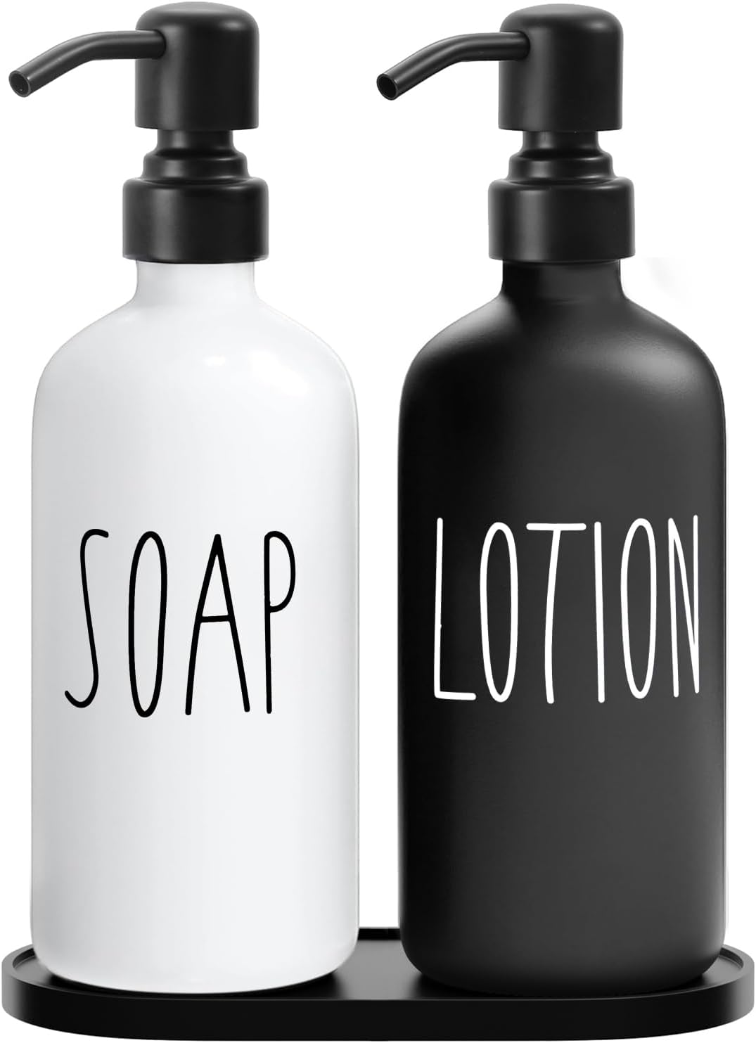 MOMEEMO Glass Soap Dispenser with Stainless Steel Pump, Contains Lotion Dispenser, Hand Soap Dispenser & Tray. (Black & White)