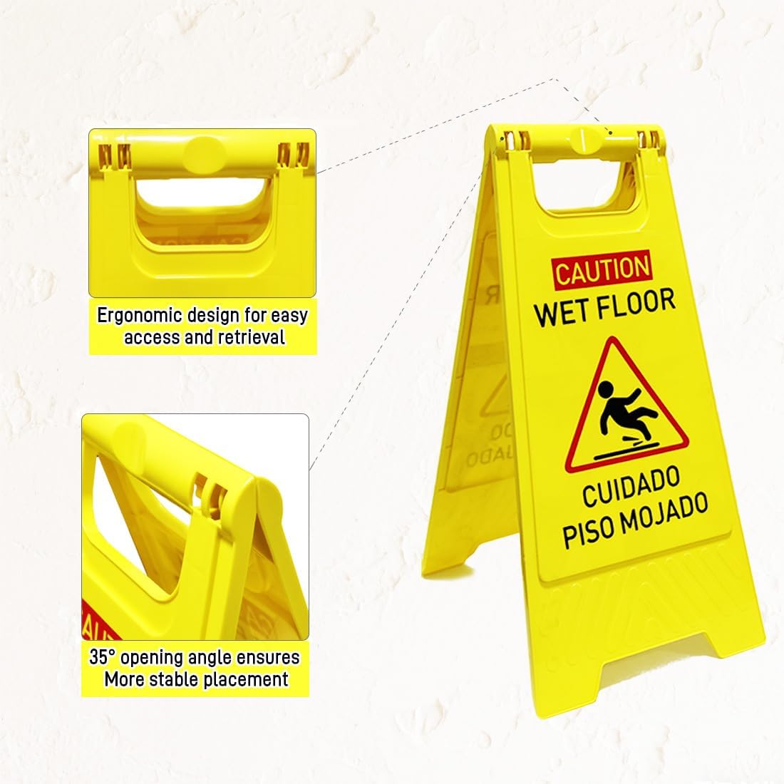 3-Pack Caution wet floor sign, 24 in. (approx. 60 cm) Height,Bright Yellow Double-Sided Folding A-Shaped Frame Design, Bilingual Caution Message