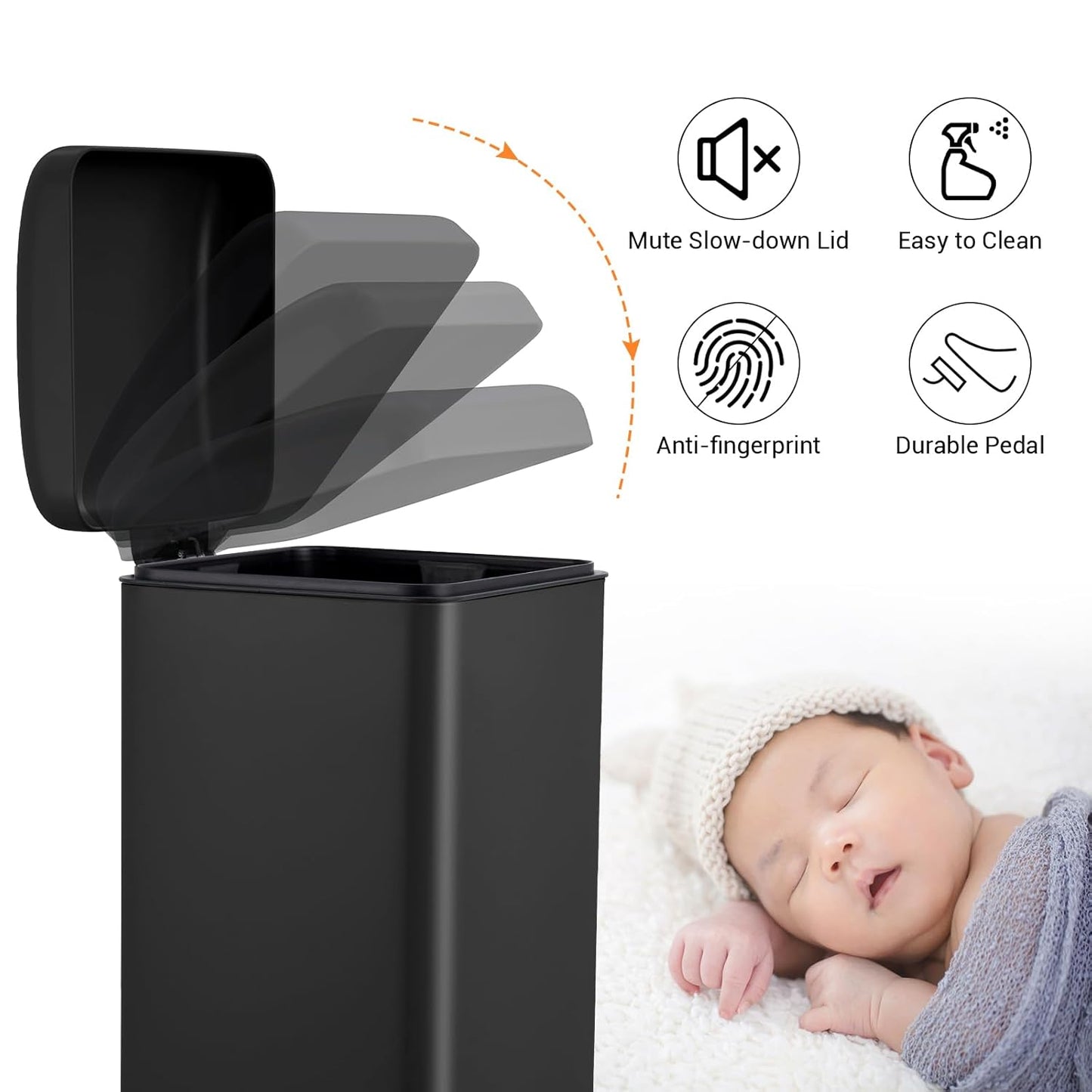 8 Gal/30L Slim Trash Can, Rectangular Step-On Stainless Steel Garbage Can, Soft-Close Lid, Anti-Fingerprint Surface, Recycling Bin with Removable Inner Basket, for Kitchen Dining Room, Black