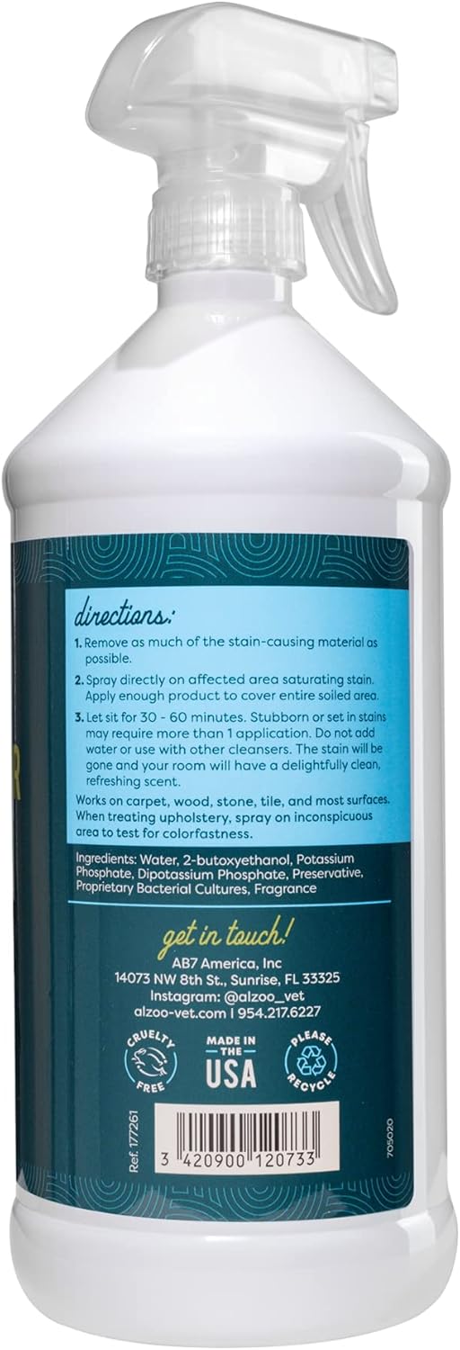 ALZOO Stain & Odor Remover, Quickly Lifts & Dissolves Pet Stains & Helps Eliminate Odors, 100% Plant-Based Active Ingredients, Lavender Vanilla Scent, 32 Fl. Oz Spray Bottle